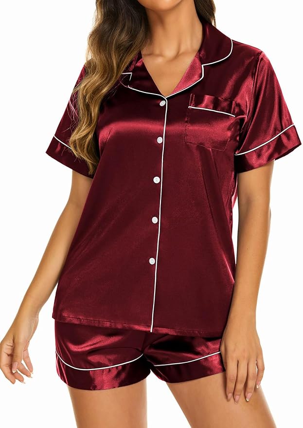 Ekouaer Silk Pajamas for Women Short Sleeve Sleepwear Soft Button Down Loungewear 2 Piece Satin Pjs Shorts Set S-XXL