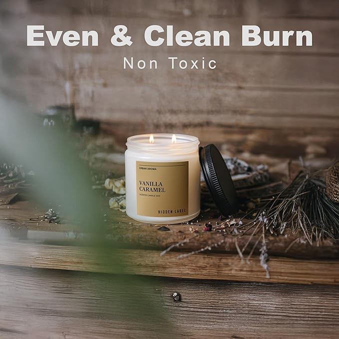 Hidden Label Vanilla Caramel Fall Candles, 12oz 2 Wick Non Toxic Candles for Home Scented, Natural Soy Wax Clean Burning Aromatherapy Candle, 70H Long Lasting for Gifts Stress Relief & Relaxation