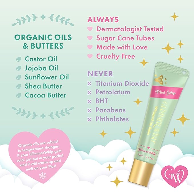 Glimmer Wish Glimmer Whip Hydrating Lip Balm – Organic Castor & Jojoba Oils, Shea & Cocoa Butters – Vegan, Non-Toxic, Moisturizing Lip Care (Mint Julep)