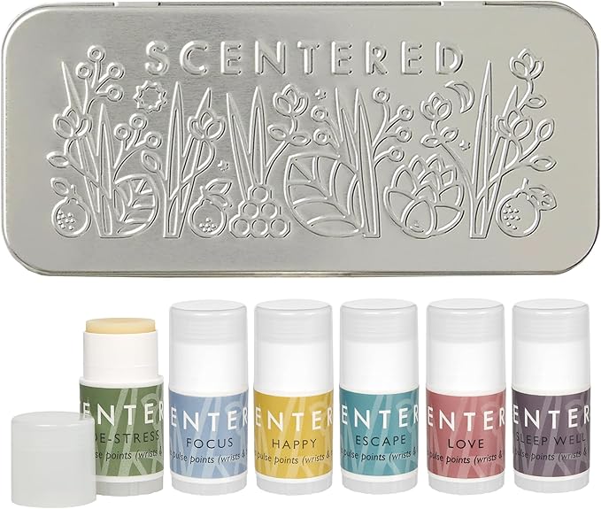 Scentered Aromatherapy Gift Set, Mini Roll On Essential Oil Balms for Sleep, Focus, Stress-Relief, Calm, Mood Boost - 6 x Premium Blends, 100% Natural - Aromatherapy Gifts for Women