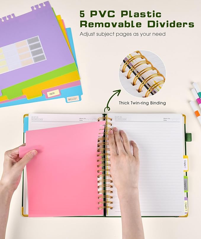 Hardcover Spiral Notebook journal with Removable Dividers Tabs, 300 Pages Leather 5 Subject Notebook College Ruled, 100GMS A5 Notebooks for Work School Note taking,Lined Journal for Women,A5-Green