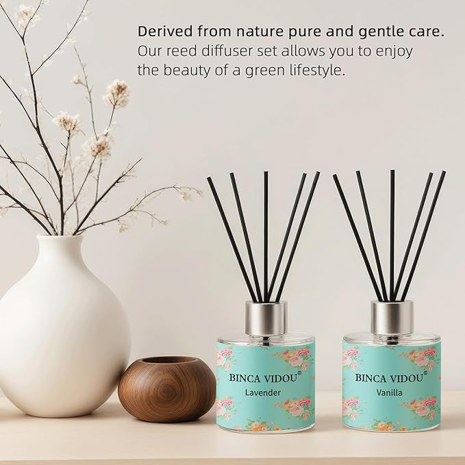 Binca Vidou Reed Diffuser Set of 3, Lavender, Rose, Vanilla Aromatherapy Oil Diffusers for Bedroom, Living Room, Office, Gift & Stress Relief, 50ml x 3