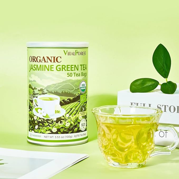 Organic Jasmine Green Tea Bags| 50 Count Unbleached ECO-Conscious Jasmine Tea Bags| VitalForest Te Verde Organico Natural Green Tea Loose Leaf| Canister Pack for Freshness