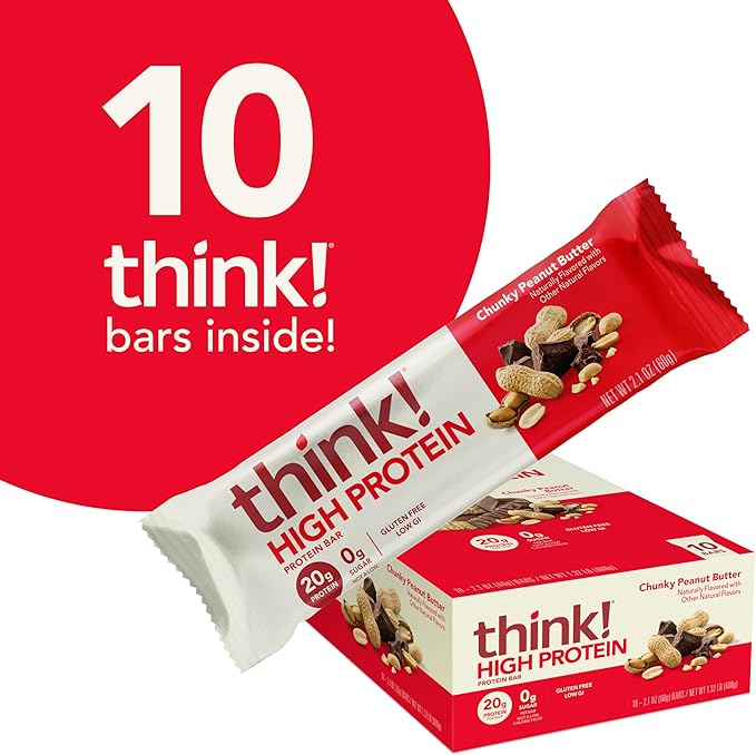 think! Protein Bars, High Protein Snacks, Gluten Free, Kosher Friendly, Chunky Peanut Butter, Nutrition Bars, 2.1 Oz per Bar, 10 Count (Packaging May Vary)