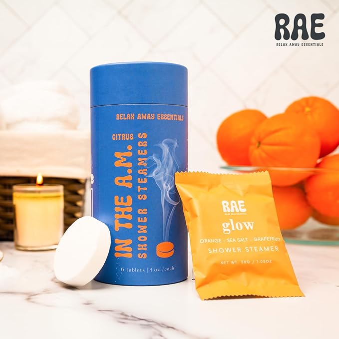 Relax Away in The A.M. Shower Steamers 6 Pack - Energizing Citrus Blends - Pure, Burst, Mist, Glow, Meadow, Spa - Uplifting & Rejuvenating - Essential Oil Aromatherapy - User-Friendly Set
