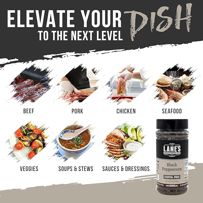 Lane's Whole Black Peppercorns, 8 Oz, All-Natural Whole Peppercorns for Grinder Refill, Black Pepper Corns Spice Seasoning, Made in USA