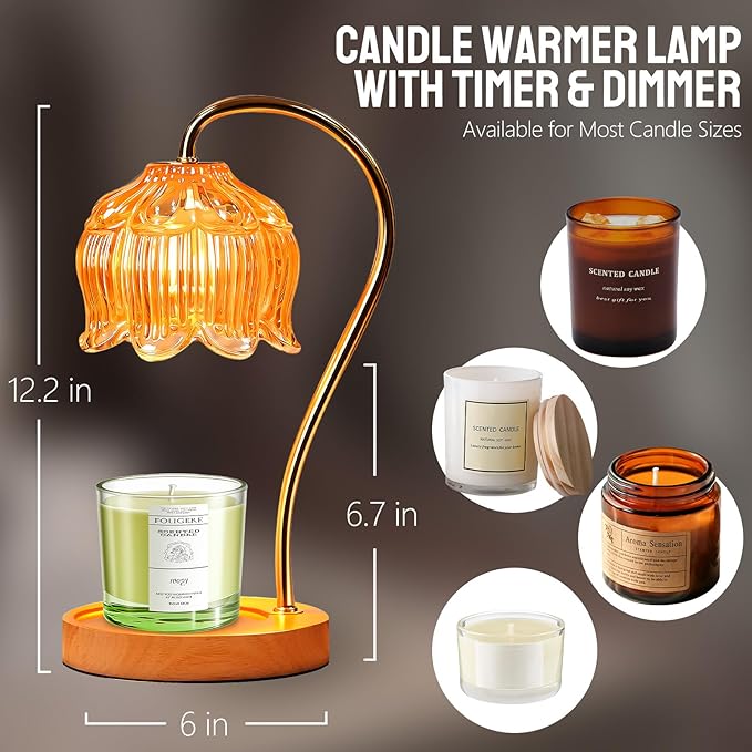 GEEZO Fragrance Candle Warmer Lamp with 2 Bulbs Electric Candle Warmer with Timer & Dimmer for Home Decor Wax Melt for Small Large Size Jar Candles Retro Wooden Base