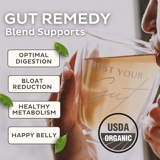 Trust Your Gut Organic Herbal Tea Blend with Lemon Balm, Holy Basil, Dandelion, Ginger Root – Liver Detox, Digestion & Gut Health Support, Gas Bloating Relief – Poha Berry, 30 Bags