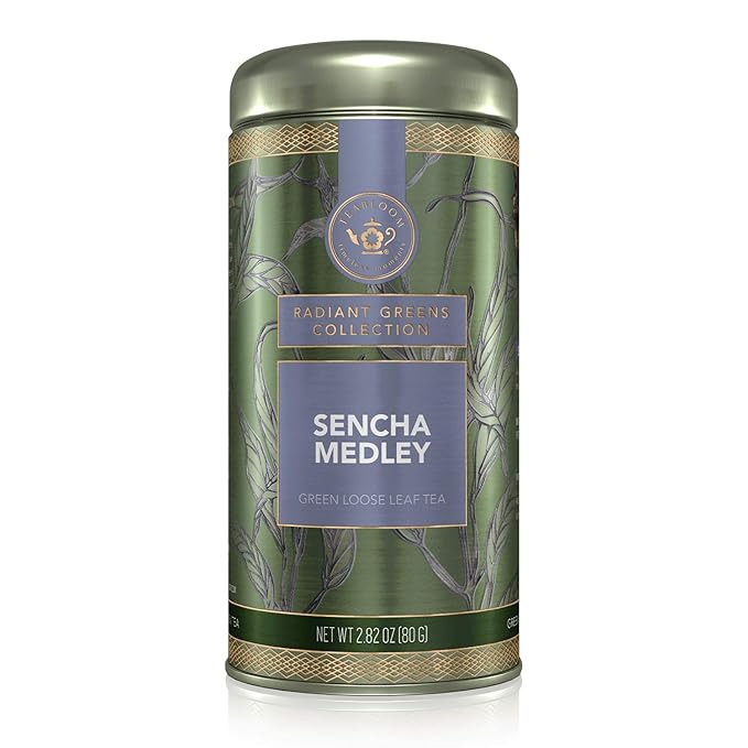 Teabloom Green Tea, Sencha Medley Loose Leaf Tea, Fresh and Floral, Purest Quality Green Tea Leaves Combined with Pretty Botanicals in Reusable Gift Canister, 2.82oz/80 g Canister Makes 35-50 Cups