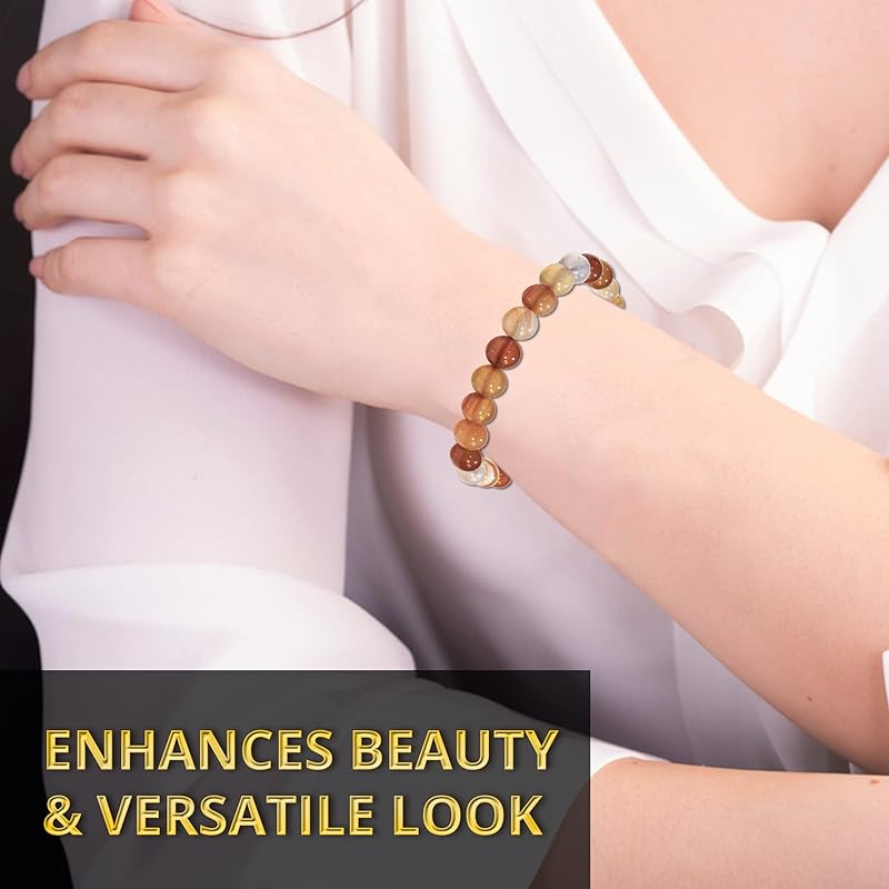 Carnelian Bracelet, Natural Healing Crystal Bracelet for Women and Men, 8mm Round Beaded Bracelet for Spiritual Healing, Protection, Positive Energy, Elastic Adjustable Size Gemstone Bead Bracelet