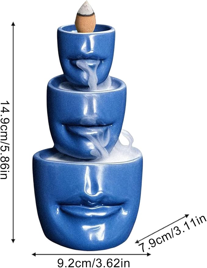 Comeon Backflow Incense Burner Holder, Face Handicraft Decor, Resin Reverse Flow Incense Burner Censer Cone + 20 Backflow Incense Cones 30 Incense Sticks 1 Tweezer 1 Mat (Matte Blue)