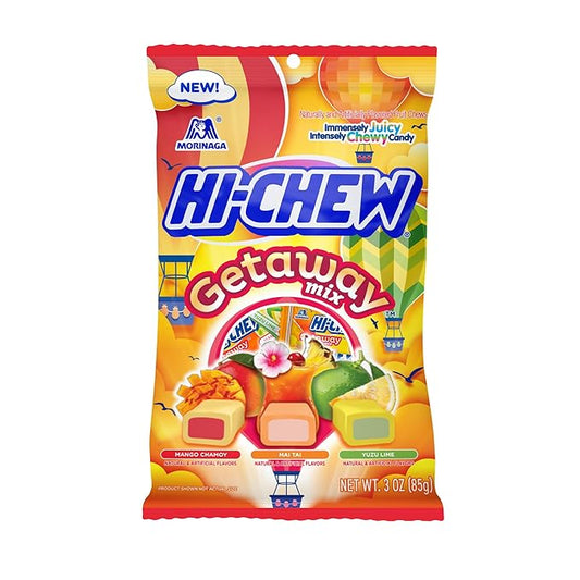 HI-CHEW Getaway Mix, Pack of 6 Bags, 3oz each - Mango Chamoy, Mai Tai, Yuzu Lime - Unique Fun Soft & Chewy Taffy Halloween Candy - Immensely Juicy Fruit Flavors - Individually Wrapped for Sharing