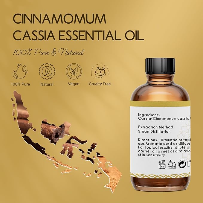 Cassia Cinnamon Bark Essential Oil for Body, Massage, Room Spray, Diffuser, DIY Home Crafts- 4 Oz