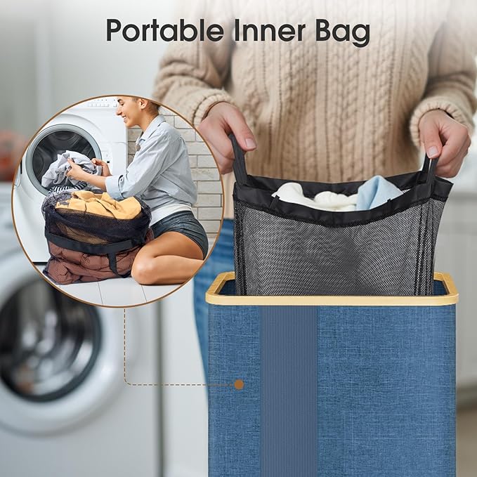 Laundry Basket Clothes Hamper with Lid and Pocket Large Collapsible Laundry Baskets with Handle, Freestanding Hampers for Bedroom Aesthetic, Dorm, Bathroom, Laundry Room (80L,Light Blue)