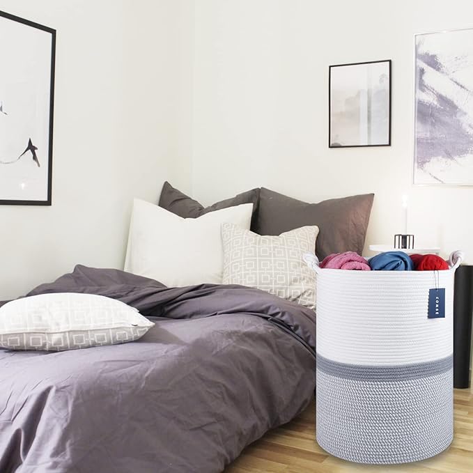 COMSE Extra Large Blanket Basket, Tall Woven Storage Basket, Nursery Hamper, 15.7”x 21.7”, Cotton Rope Laundry Hamper for Toys Clothes Towels, Blend White/Gray