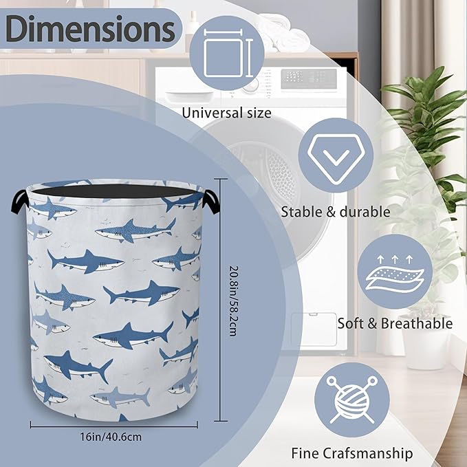 Cute Shark Laundry Basket,Foldable Oxford Cloth Tote Bag Laundry Hamper Clothes Storage Bucket Organizer for Bedroom Laundry Storage Dormitories 16" x 20.8"