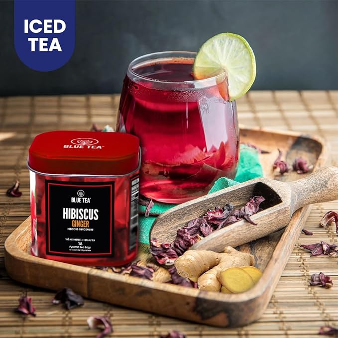 BLUE TEA - Hibiscus Tea - 18 Count - Ginger - Pyramid Plant Based Tea Bag | SKIN GLOW ENHANCING TEA | Herbal Tea - Tangy & Spicy - Flower Based - Caffeine Free - Vegan | Reusable Tin Pack