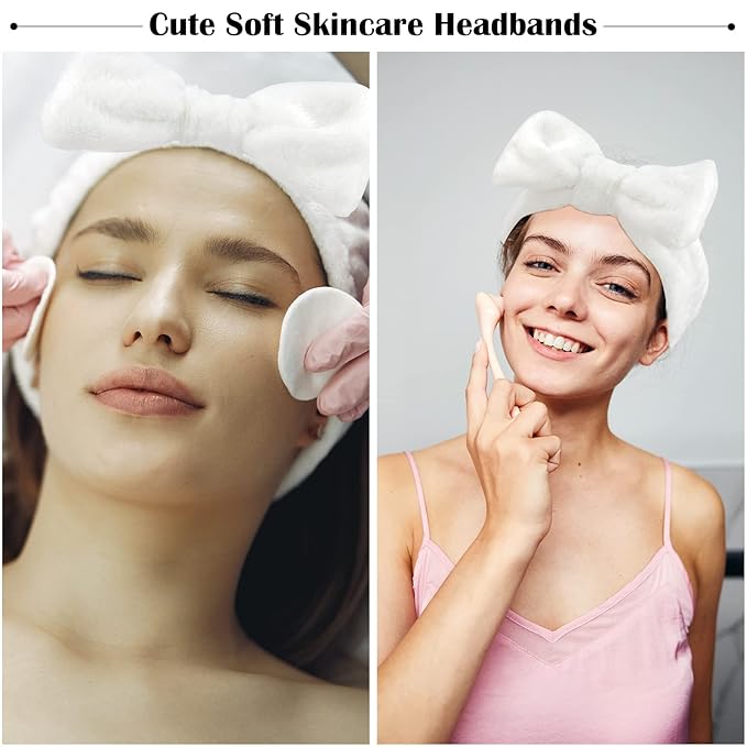 Ondder Spa Headband for Washing Face 8 Pack White Skincare Headbands for Women Girls Terry Cloth Cute Bow Head Bands for Makeup