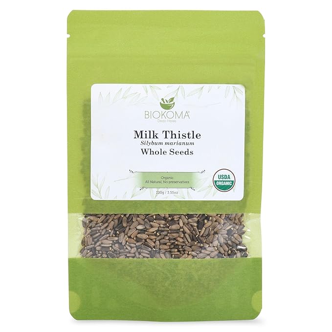 Biokoma Pure and Organic Milk Thistle Whole Seeds 100g (3.55oz) in Resealable Moisture Proof Pouch, USDA Certified Organic - Herbal Tea, No Additives, No Preservatives, No GMO, Kosher
