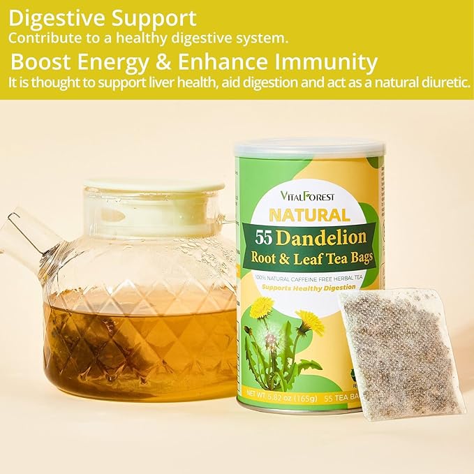 55 Dandelion Tea Bags, 3g/Bags 5.82oz, VitalForest Natural Dandelion Leaf and Root Tea, Dried Dandelion Root Tea Leaves, Caffeine Free, Health Herb Diente De Leon, Eco-Conscious Corn Fiber Tea Bags