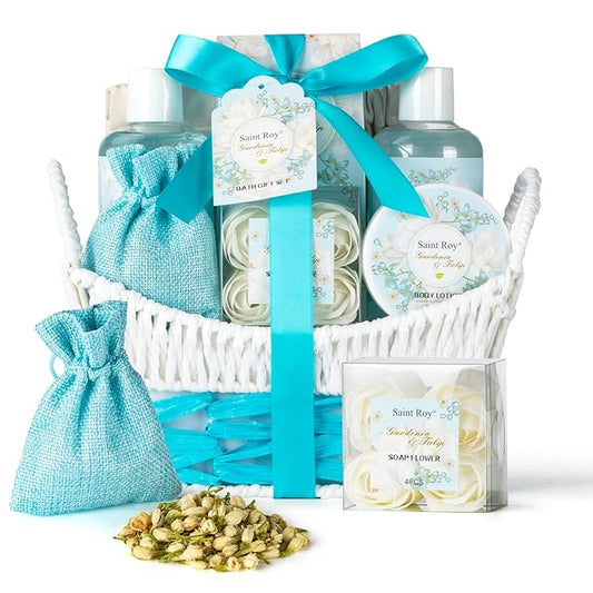 Christmas Gifts for Women bath basket, Spa Gift Baskets for Women, Gardenia Tulip Home Spa Kit with Cosmetic Bag gift woman, Bath & Body Basket Set 8Pcs Bath and Body Gifts Set, Luxury Spa baskets