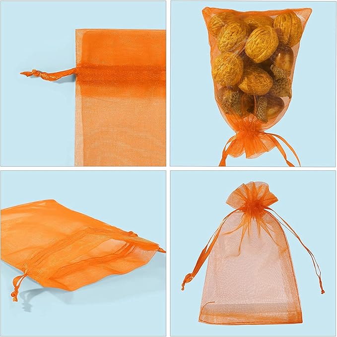 ANZNKU 100PCS Orange Organza Bags 5x7 inches Mesh Bags Drawstring, Gift Bag for Halloween, Wedding Mesh Festival Makeup Organza Party Favor Bag, Sheer Mesh Pouches Drawstring