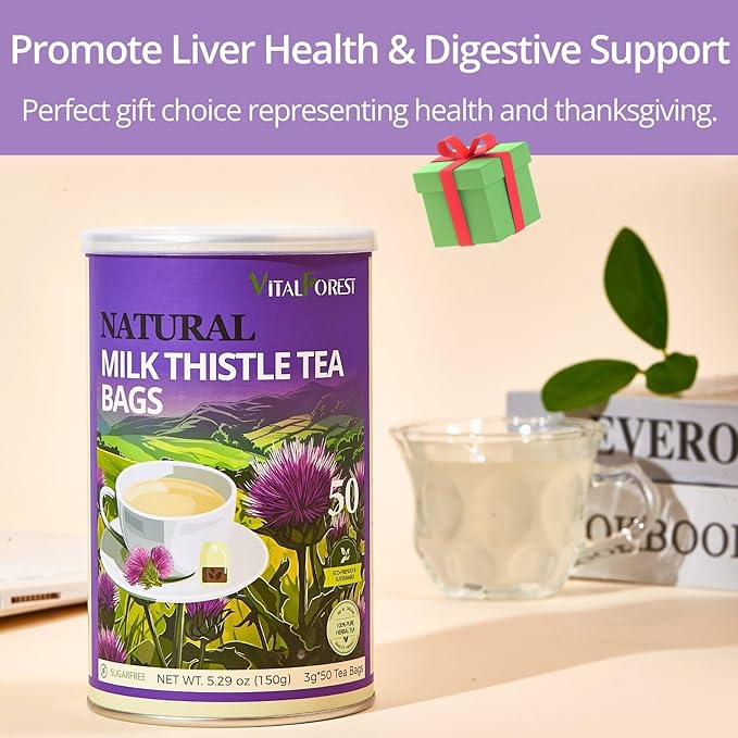 50 Milk Thistle Tea Bags, 3g/Bags, VitalForest Roasted Milk Thistle Seeds Herb Tea, Natural Dried Thistle Tea for Liver Detox Cleanse and Support, Caffeine Free, Non-GMO