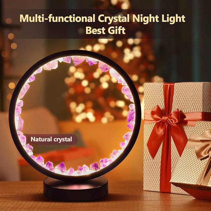 Amethyst Bedside Lamp,Healing Crystal Night Light,3-Colors Ambient Lighting USB Dimming Table Light,Natural Energy Decor for Bedroom Home Dating Gift