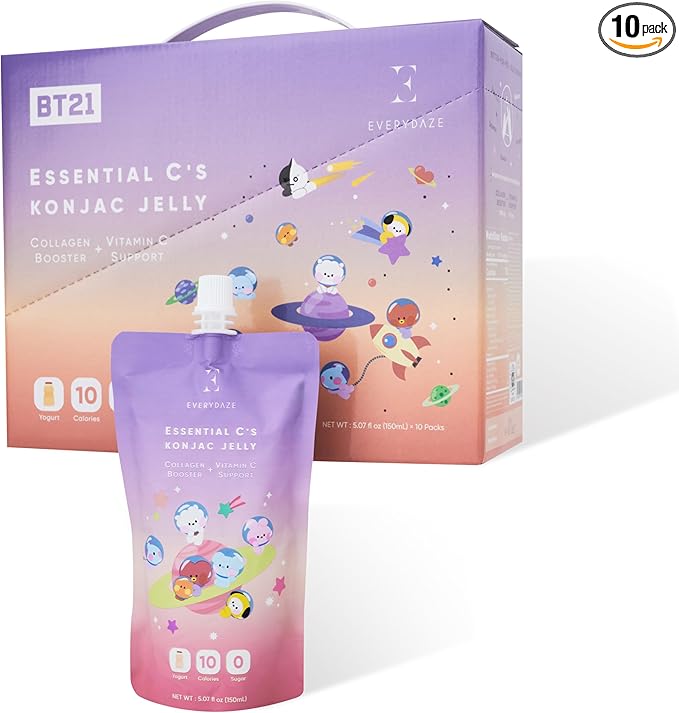 EVERYDAZE BT21 Essential C’s Konjac Jelly | Yogurt | Vegan Collagen Peptides and Vitamin C | Gluten Free, Sugar Free, Low Calorie | Healthy Drinkable Fruit Snack | 10 Pack Box Food Drink Pouch