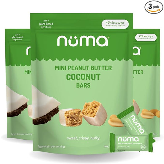 Numa Foods Mini Coconut Peanut Butter Bars – Vegan, Low Sugar, High Protein, All Natural, Gluten Free – Crunchy Plant Based Peanut Butter Snacks – 3 Bags with 8 Individually Wrapped Protein Bars