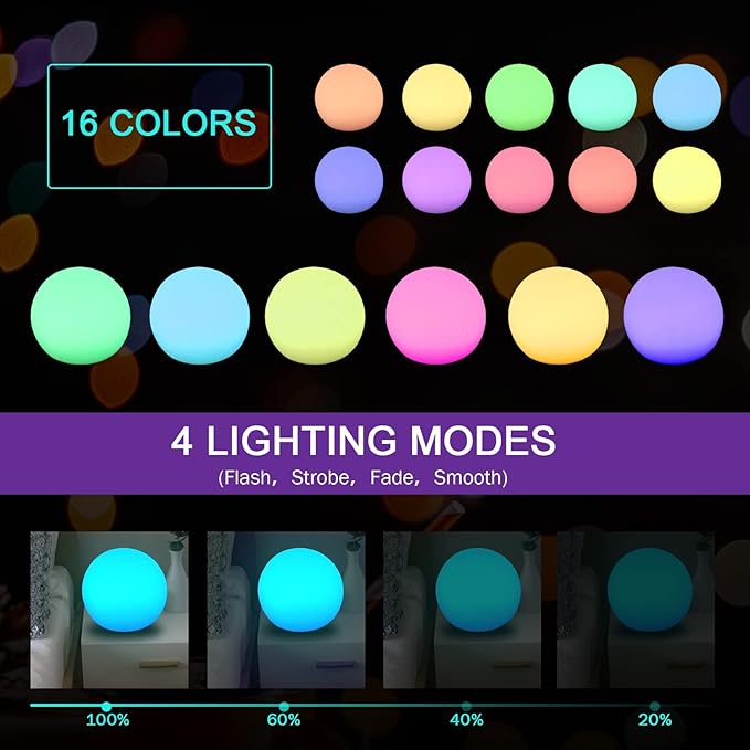 2-Pack 3-Inch Rechargeable LED Orb Lights – 16 Color Glow Spheres, 4 Modes, Waterproof Ambient Lighting Balls, Glowing Orbs for Indoor, Outdoor, Pool, Room, and Patio Decor