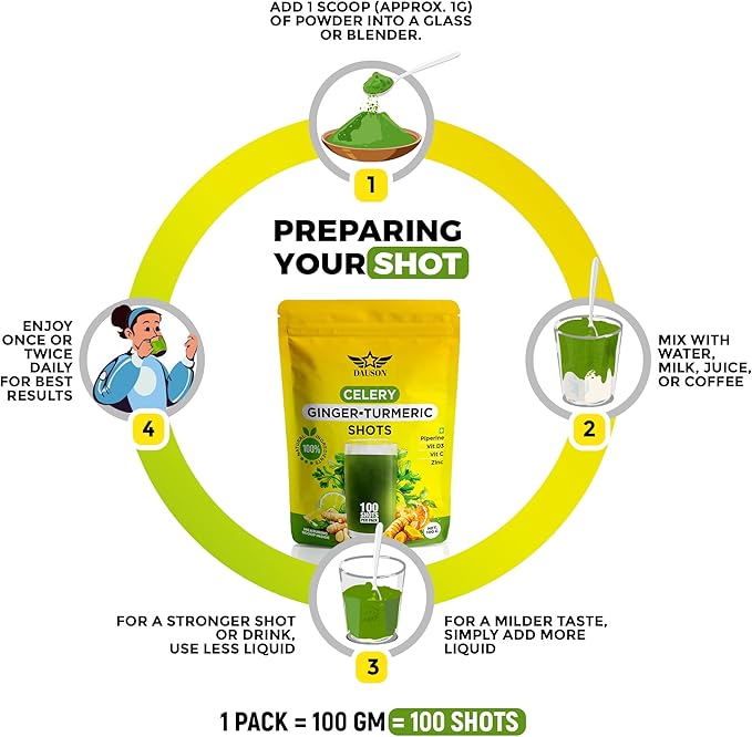 Celery Ginger Turmeric Shots – Detox & Bloat Support Drink Powder with Lemon, Pineapple, Vitamin C, D3 & Zinc – Vegan Wellness Shot – 100 Shots