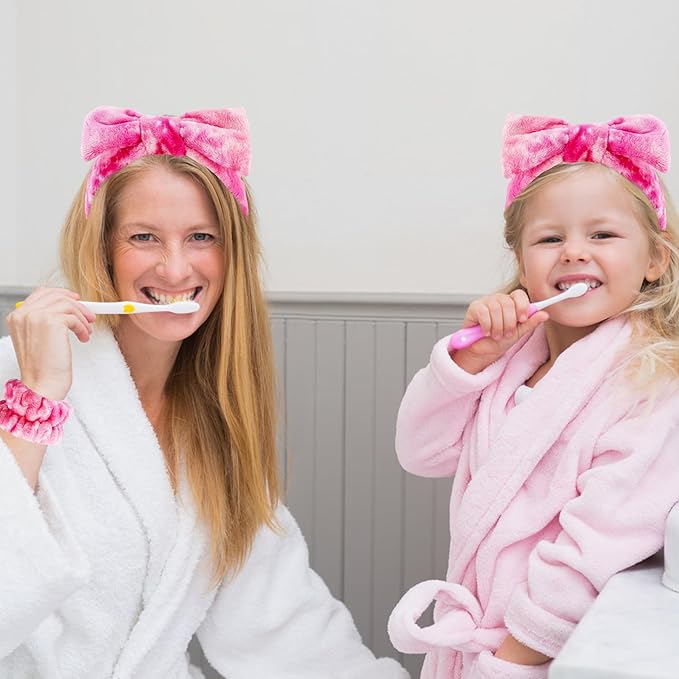 VELSCRUN Spa Headband, Makeup Face Wash Skincare Headbands, 6 Pcs Hot Pink Colorful Sponge Bow Tie Get Ready HairBand Facial Wristband Set, Stuff for Teen Girls Women Trendy Fashion Hair Accessories