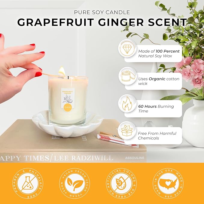 DANI Naturals Soy Candle - Grapefruit Ginger Scented, 100% Pure Soy Wax, Kosher, Non-Toxic, Long-Lasting Burn - 7.5 oz
