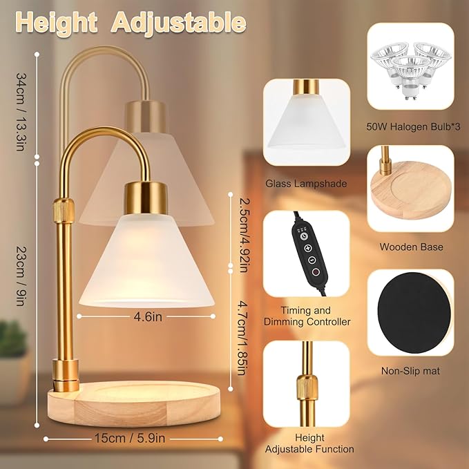 Candle Warmer Lamp with Timer & 3 Bulbs, Dimmable Electric Candlelight Adjustable Height and Brightness Candle Wax Warmer for Jar Candles Bedroom Home Decor House Warming Gift (Frosted Clear)