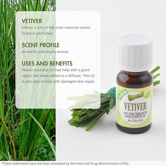 Healing Solutions Vetiver Essential Oil (0.33 oz, 10ml) – Organic, Pure, Undiluted – Therapeutic Grade - for Hair, Diffuser, Aromatherapy & Skin