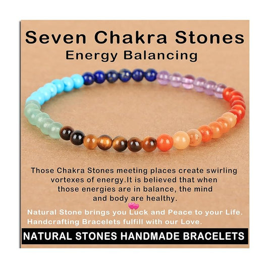 AD Beads Handmade Gemstone Stretch Elastic Bracelet Crystal Healing Reiki Nature's Beauty and Spiritual Essence Unisex (4mm, Seven Chakra Stones (Energy Balancing))
