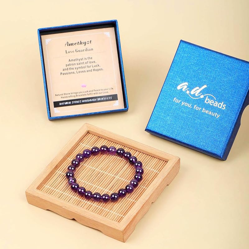 AD Beads Handmade Gemstone Stretch Elastic Bracelet Crystal Healing Reiki Nature's Beauty and Spiritual Essence Unisex (8mm, Amethyst (Love Guardian))