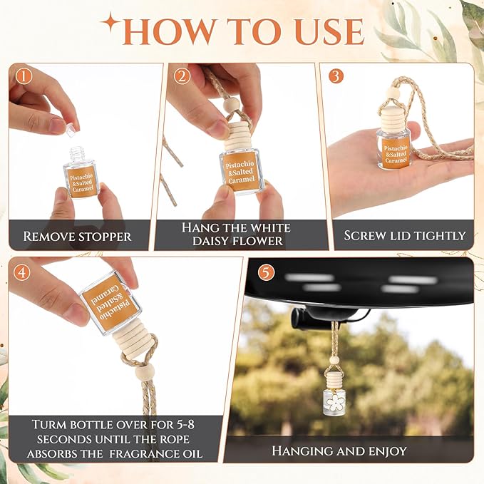 2 Sets Hanging Car Air Freshener and Essential Oil Diffuser, Car Air Freshener Daisy Essential Oil Diffuser Long Lasting Automobile Aromatherapy (White,Pistachio & Salted Caramel)