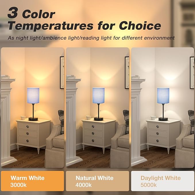 Blue Table Lamps 3 Color Temperatures - 3000K 4000K 5000K Bedside Lamps with USB C and A Ports, Pull Chain Lamps for Bedrooms with AC Outlet, Nightstand Lamps with Black Metal Base for Kids Boys
