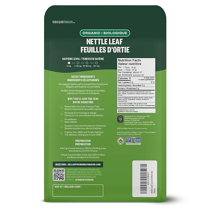 FGO Organic Nettle Leaf Loose Tea, Cut and Sifted, Caffeine Free, 4oz Resealable Bag, Packaging May Vary (Pack of 1)