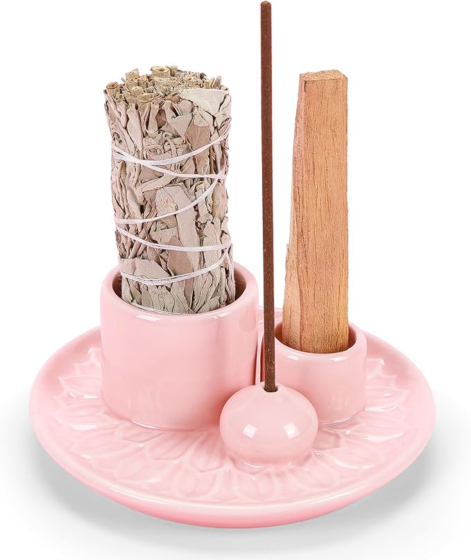 Palo Santo Sticks Holder, Multi-Purpose Handmade Ceramic Incense Burner for Palo Santo Incense Sticks, Sage Holder for Burning, Ash Catcher Tray for Meditation Yoga Room (Pink)