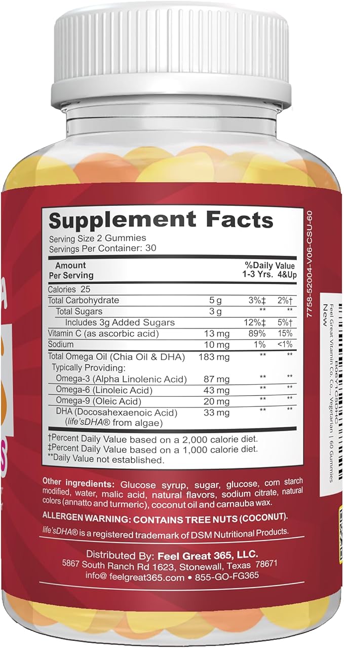 Feel Great Vitamin Co. Complete DHA Gummies for Kids | with Omega 3 6 9 + DHA, Vitamin C | Supports Healthy Brain Function, Vision & Heart Health | Gluten Free, Vegetarian | 60 Gummies