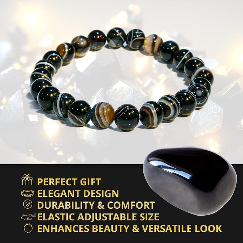 Black Sulemani Hakik Bracelet, Natural Healing Crystal Bracelet for Women and Men, 8mm Round Beaded Bracelet for Spiritual, Protection, Positive Energy, Elastic Adjustable Size Gemstone Bead Bracelet