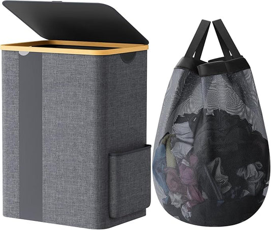 Laundry Basket Clothes Hamper with Lid and Pocket Large Collapsible Laundry Baskets with Handle, Freestanding Hampers for Bedroom Aesthetic, Dorm, Bathroom, Laundry Room (80L,Light Grey)