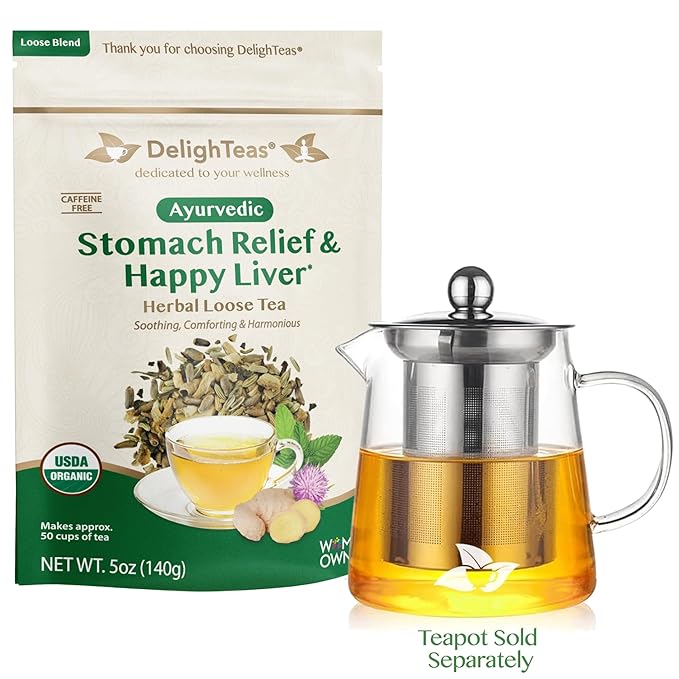 DelighTeas Liver Detox tea | Stomach Relief & Liver Cleansing | Ayurvedic Loose Leaf Milk Thistle, Fennel, Ginger Tea for Digestion | USDA Organic, Vegan, Caffeine Free, Sugar Free | 50 Servings, 5oz