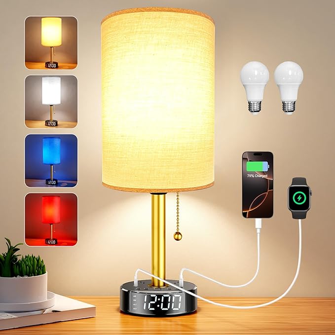 Bedside Desk Lamp for Bedroom, Table Lamp with USB A & USB C Fast Charging Ports & 2 AC Power Outlets, Alarm Clock Base, Round Black Fabric Lampshade Modern Nightstand Lamp for Living Room Home Office