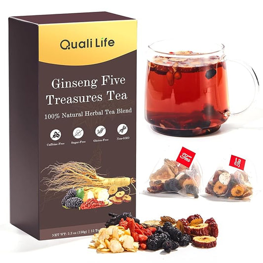 Ginseng Five Treasures Kidney Tea, Traditional Chinese Herbal TeaBags, Natural Kidney Cleanse Detox Tea for Women & Men, 7 Precious Ingredients Formula Chinese Herbal Tea (1 Pack, Ginseng)