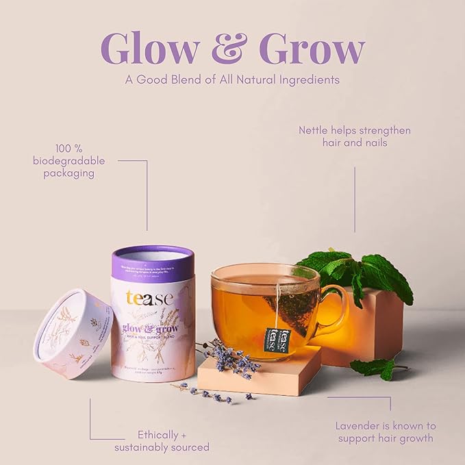 Tease Tea Organic Spearmint Glow & Grow Herbal Tea - Beauty, Nettle for Hair Growth, Caffeine Free for Healthier Hair, Nails, and Body