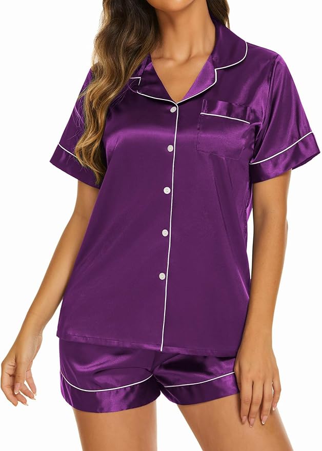 Ekouaer Silk Pajamas for Women Short Sleeve Sleepwear Soft Button Down Loungewear 2 Piece Satin Pjs Shorts Set S-XXL